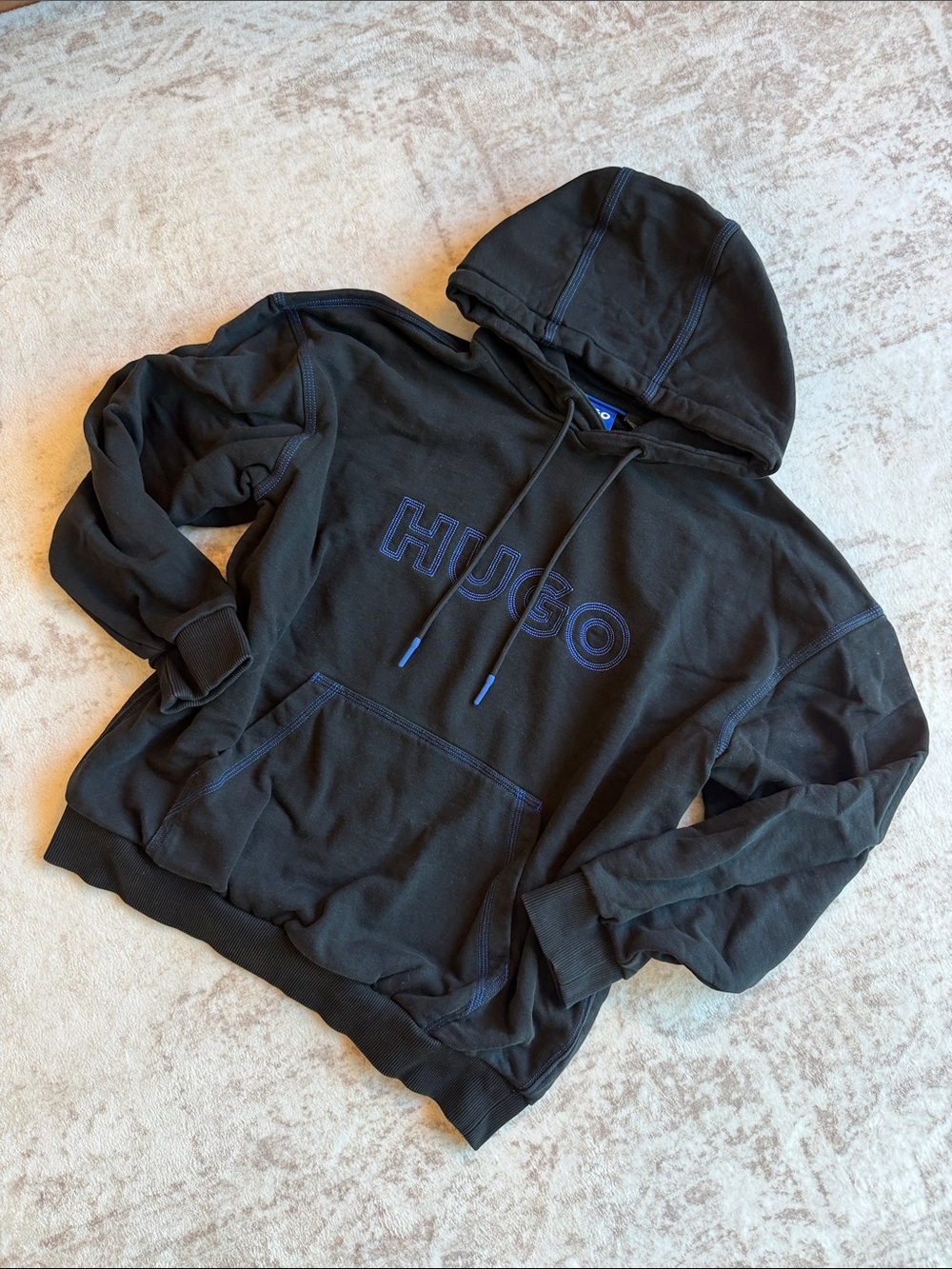 HUGO Black Hoodie with Navy Logo Stitching
